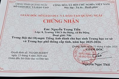 VINH DANH HỌC SINH ĐẠT GIẢI HỘI THI OLYMPIC TIẾNG ANH CẤP TỈNH CỦA TRƯỜNG THCS BA ĐỘNG, NĂM HỌC 2025-2026