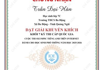 THCS BA ĐỘNG VINH DANH HỌC SINH ĐẠT THÀNH TÍCH TRONG CUỘC THI OLYMPIC TIẾNG ANH TRÊN INTERNET (IOE) CẤP QUỐC GIA.